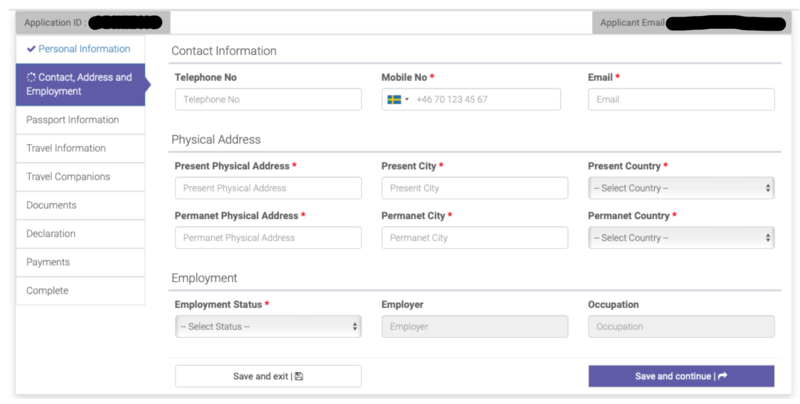 Visums&oslash;knad Tanzania steg 4 &ndash; fyll inn obligatoriske opplysninger