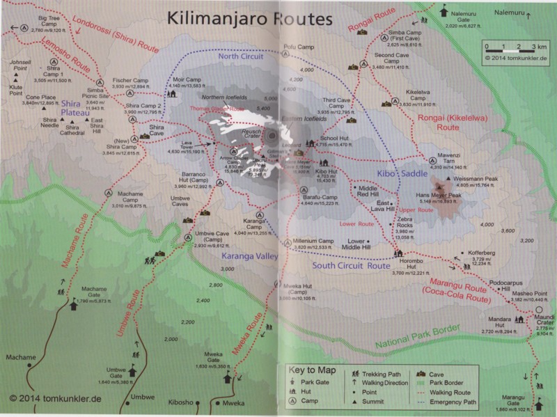 Oversikt over alle ruter p&aring; Kilimanjaro