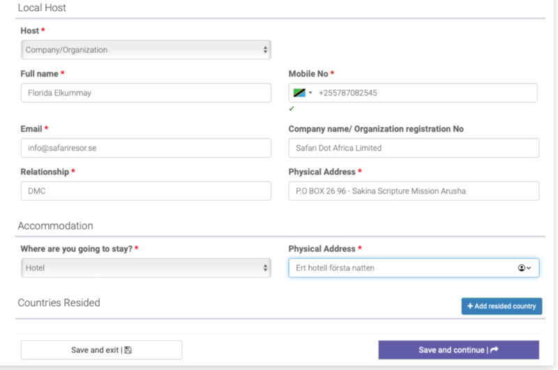 Visums&oslash;knad Tanzania steg 7 &ndash; legg inn f&oslash;rste overnattingssted