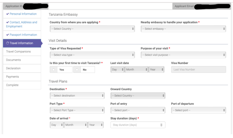Visums&oslash;knad Tanzania steg 6 &ndash; fyll inn obligatoriske opplysninger